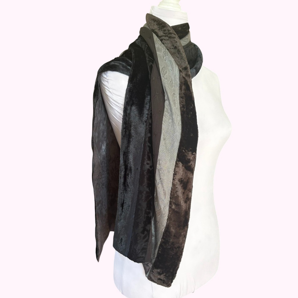 Vintage 80s 90s Black Velvet Stripe Oblong Scarf